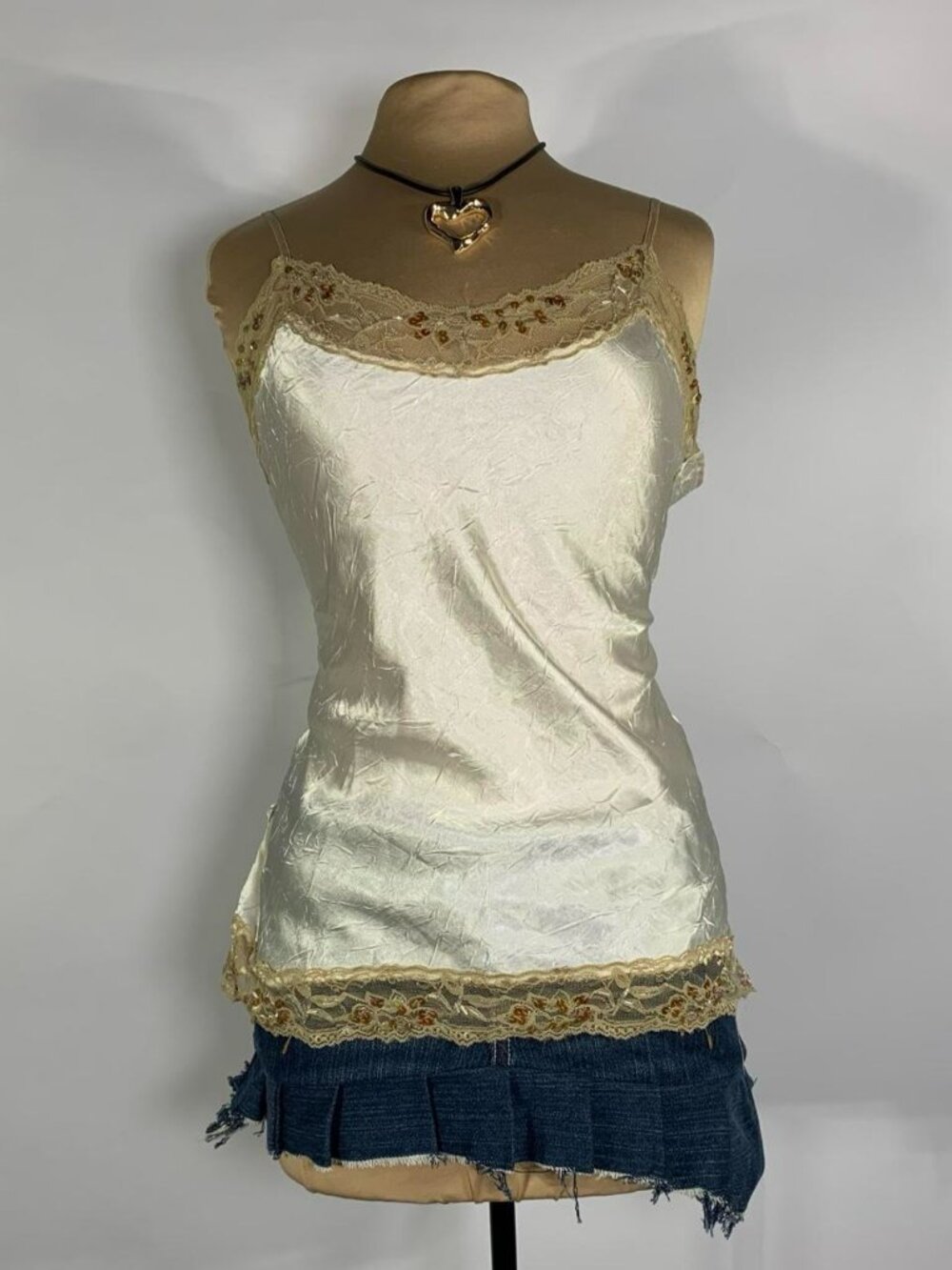 Y2K No Boundaries Ivory Lace Satin Cami Tank Top L Beaded Sequin